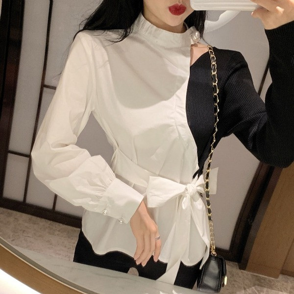 Cămașă de damă cu curea și părți decupate alb-negru