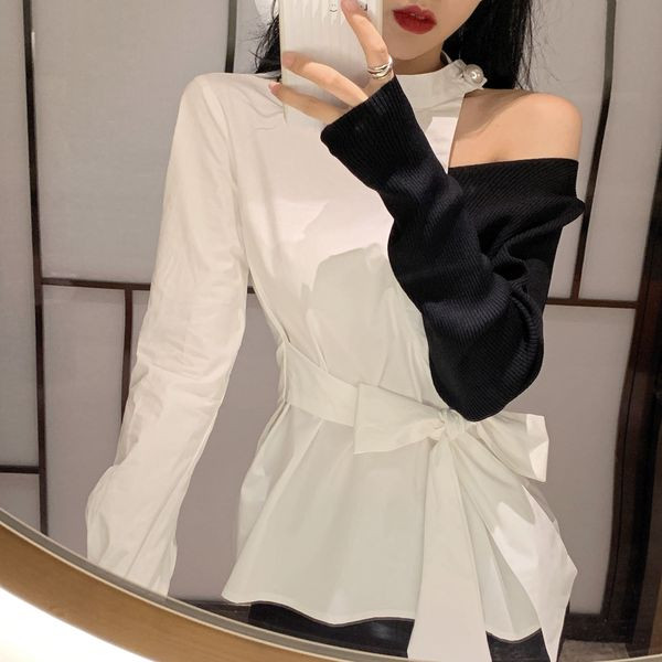 Cămașă de damă cu curea și părți decupate alb-negru