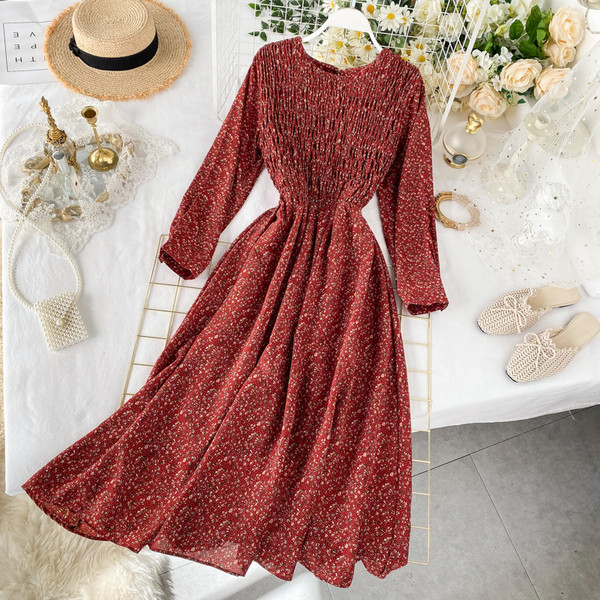 Rochie lunga de dama cu model floral si talie elastica