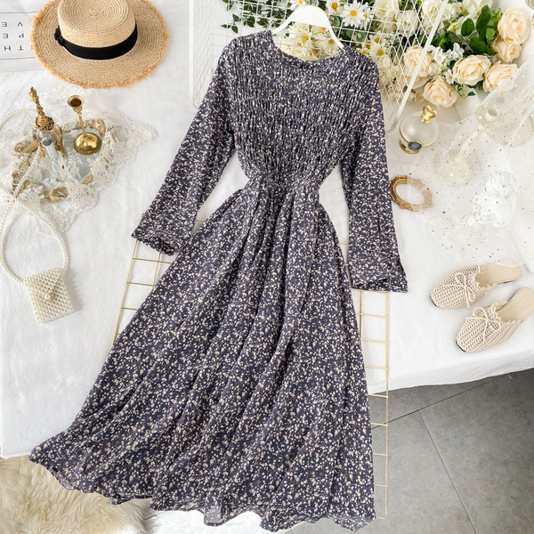 Rochie lunga de dama cu model floral si talie elastica