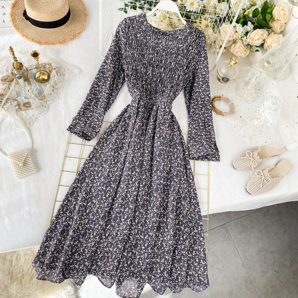 Rochie lunga de dama cu model floral si talie elastica