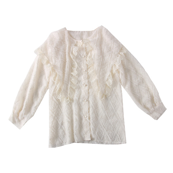 Bluză de damă din dantelă cu decolteu rotund și mâneci lungi în alb, negru și bej