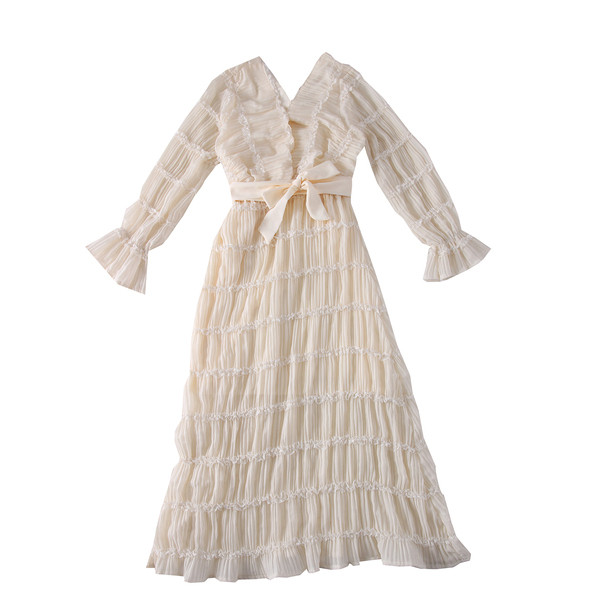 Rochie modernă de damă cu decolteu spitz, curea și mâneci lotus în bej, violet și negru