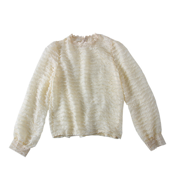 Bluza de dama cu decolteu rotund, tul si dantela in negru, bej si alb