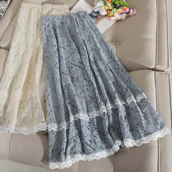 Fusta de dama din dantela cu linie A si talie inalta in bej, albastru, negru si alb