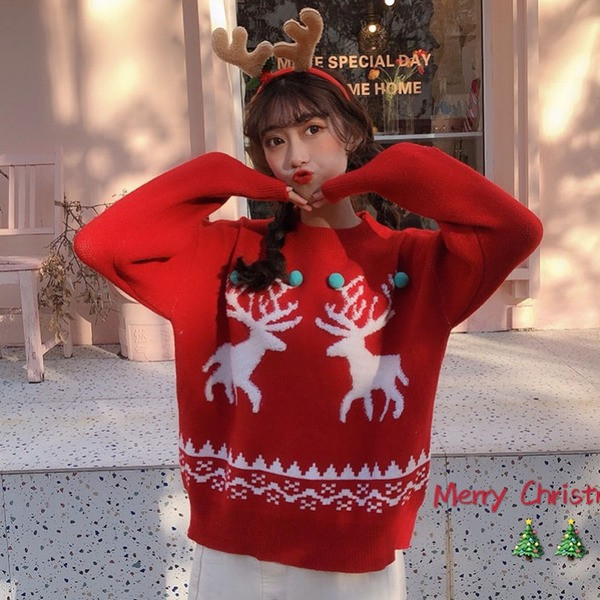 Pulover de damă modern de Crăciun cu mâneci lungi în albastru, verde și roșu