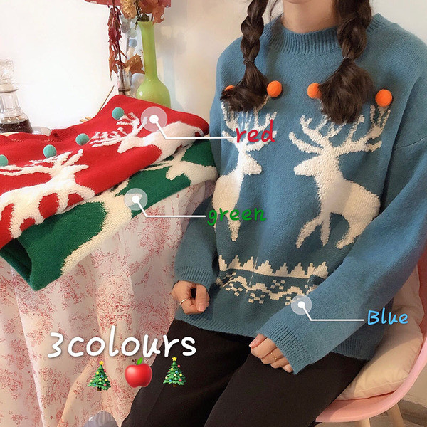 Pulover de damă modern de Crăciun cu mâneci lungi în albastru, verde și roșu