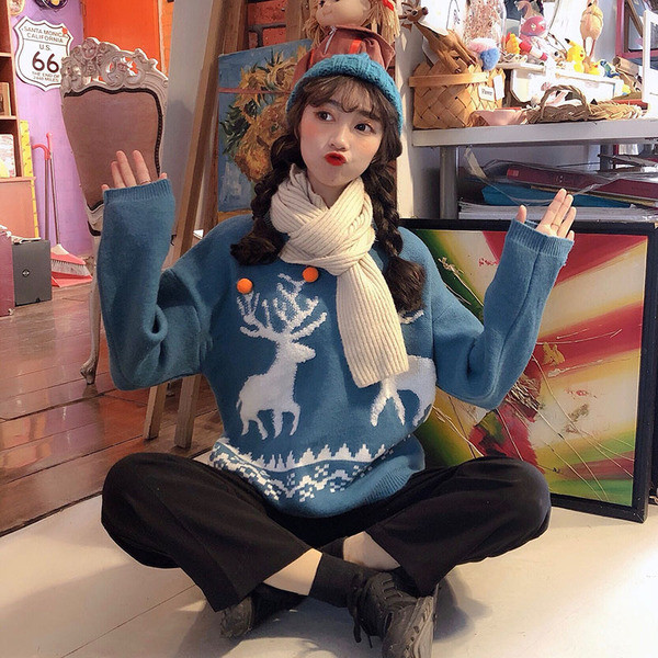 Pulover de damă modern de Crăciun cu mâneci lungi în albastru, verde și roșu