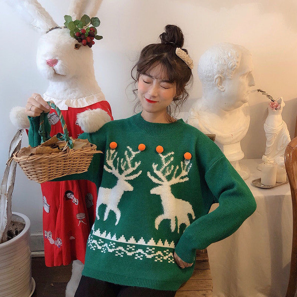 Pulover de damă modern de Crăciun cu mâneci lungi în albastru, verde și roșu