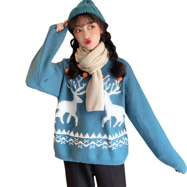 Pulover de damă modern de Crăciun cu mâneci lungi în albastru, verde și roșu