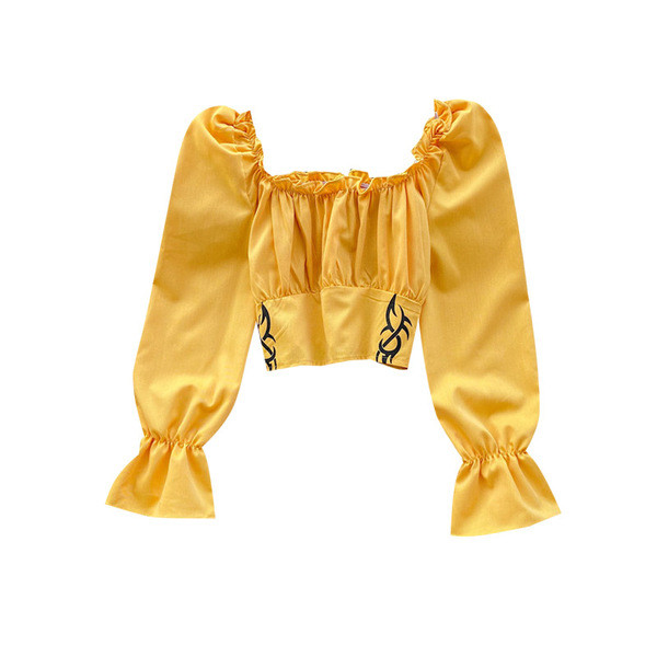 Bluză scurtă de damă modernă cu decolteu barcă și broderie în roșu, galben, verde și alb