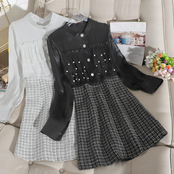 Rochie eleganta de dama cu fusta in carouri si element sidefat in alb si negru