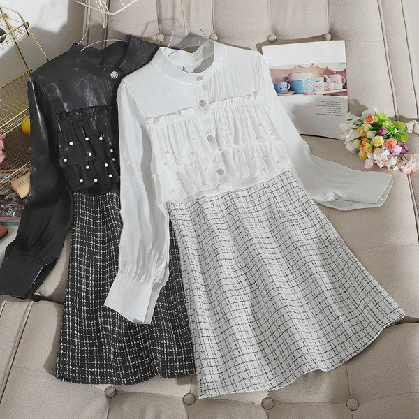 Rochie eleganta de dama cu fusta in carouri si element sidefat in alb si negru