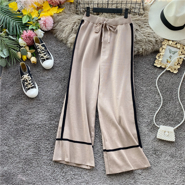 Pantaloni lungi tricotati de dama moderni cu talie inalta si cravate in patru culori