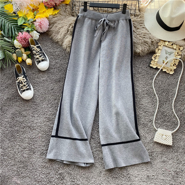 Pantaloni lungi tricotati de dama moderni cu talie inalta si cravate in patru culori