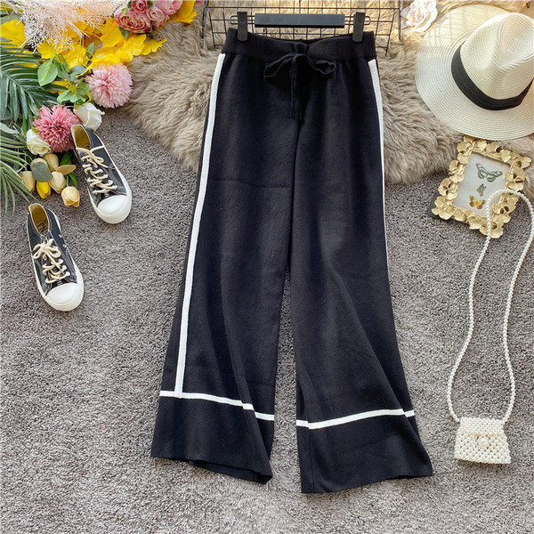 Pantaloni lungi tricotati de dama moderni cu talie inalta si cravate in patru culori