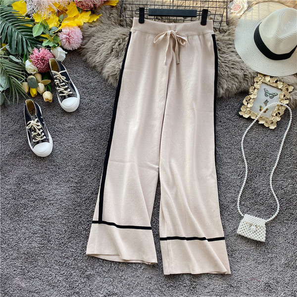 Pantaloni lungi tricotati de dama moderni cu talie inalta si cravate in patru culori