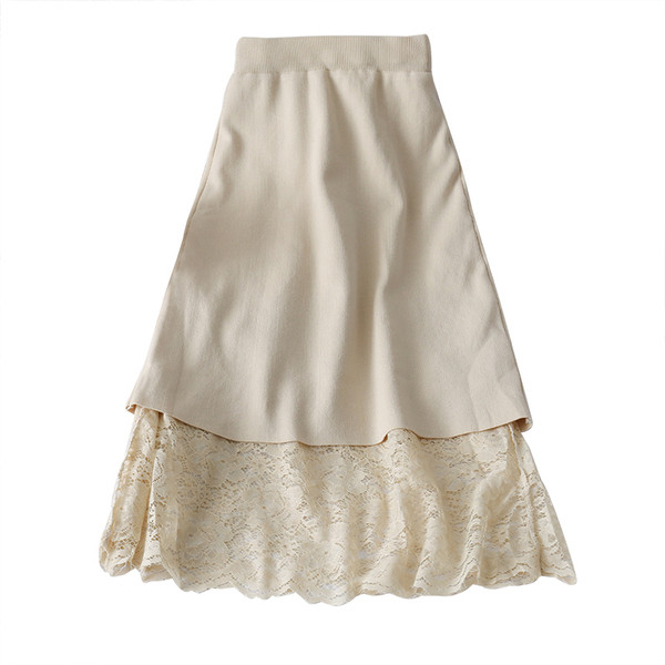 Fusta de dama moderna din dantela cu talie elastica in alb si bej