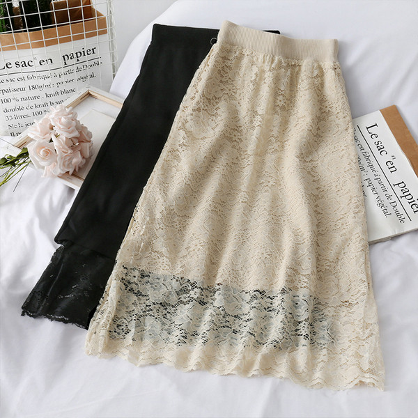 Fusta de dama moderna din dantela cu talie elastica in alb si bej