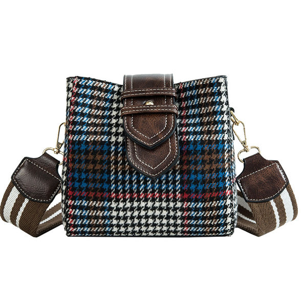 Geantă mică în carouri modernă din material textil și piele ecologică