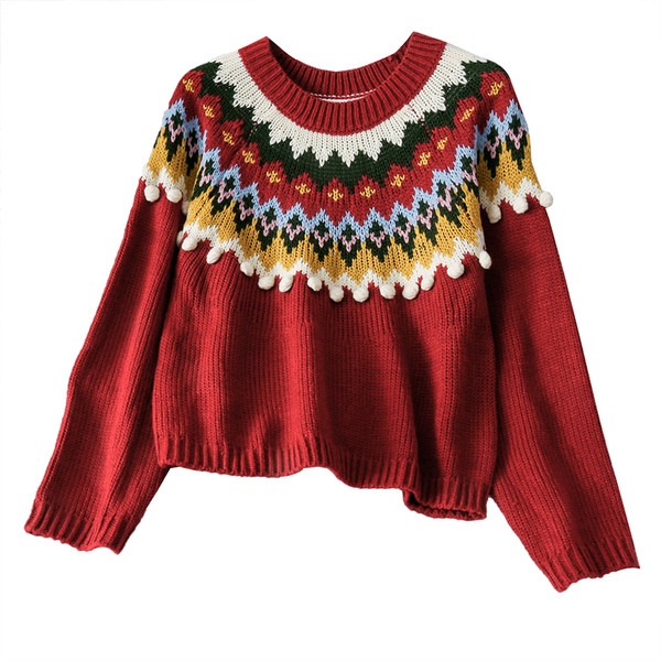 Pulover de dama modern in rosu cu model colorat si decolteu oval