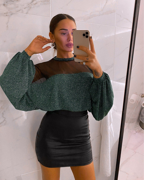 Modern női blúz hosszú ujjú, O-nyakú zöld és szürke színben