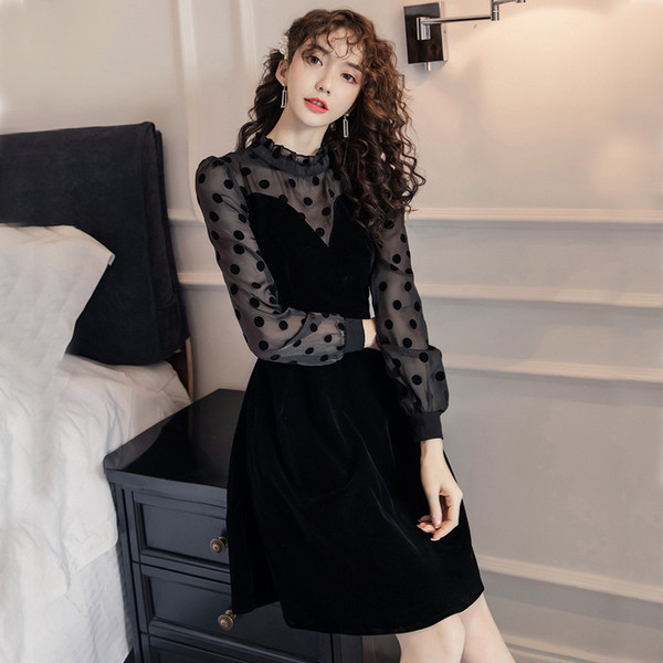 Modern női pöttyös ruha bársony pecsétes ujjakkal