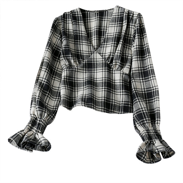 Modern női kockás blúz spitz nyakkivágással és hosszú ujjú három színben