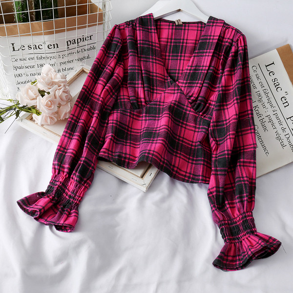 Modern női kockás blúz spitz nyakkivágással és hosszú ujjú három színben