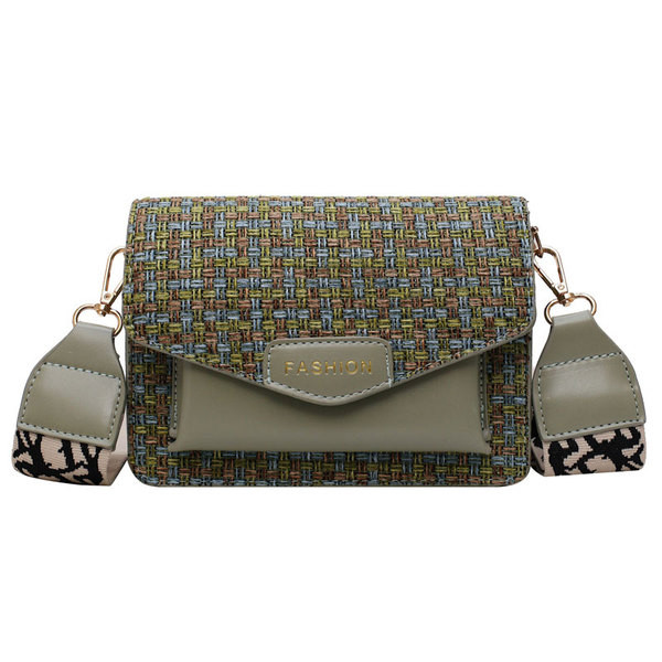 Geanta mica moderna din material textil si piele ecologica in verde, alb, albastru, negru si galben