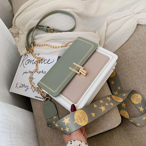 Geanta mica de dama din piele ecologica cu doua manere in negru, galben si verde