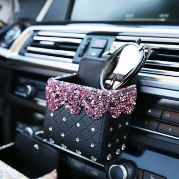 Δερμάτινο κιβώτιο αυτοκινήτου με διακοσμητηκές πέτρες κατάλληλο για τηλέφωνο, γυαλιά και άλλα μικρά πράγματα σε μαύρο χρώμα με μωβ, ροζ και άσπρες πέτρες