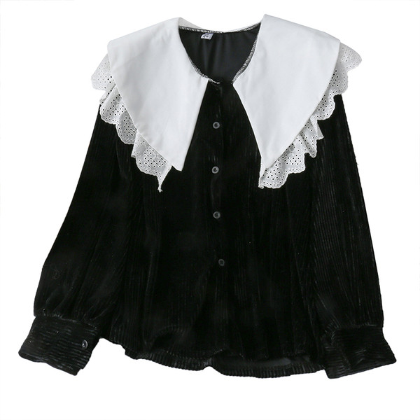 Cămașă modernă de damă din catifea cu decolteu rotund în alb și negru