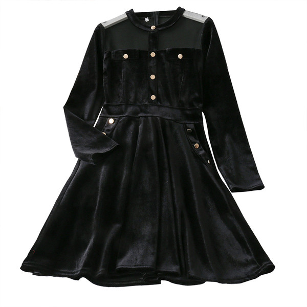 Rochie moderna de dama din catifea neagra cu nasturi