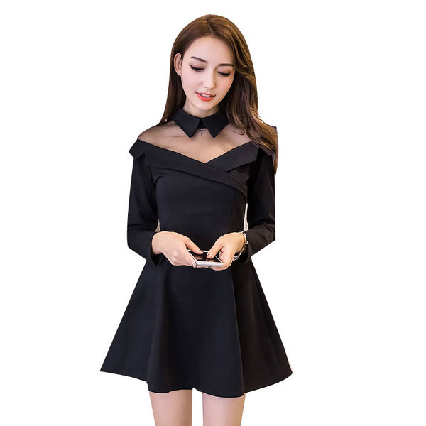 Rochie de dama cu guler si tul de culoare neagra - model croiat