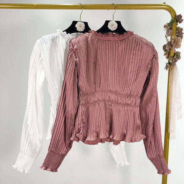 Bluză de damă modernă cu talie elastică în mov și alb