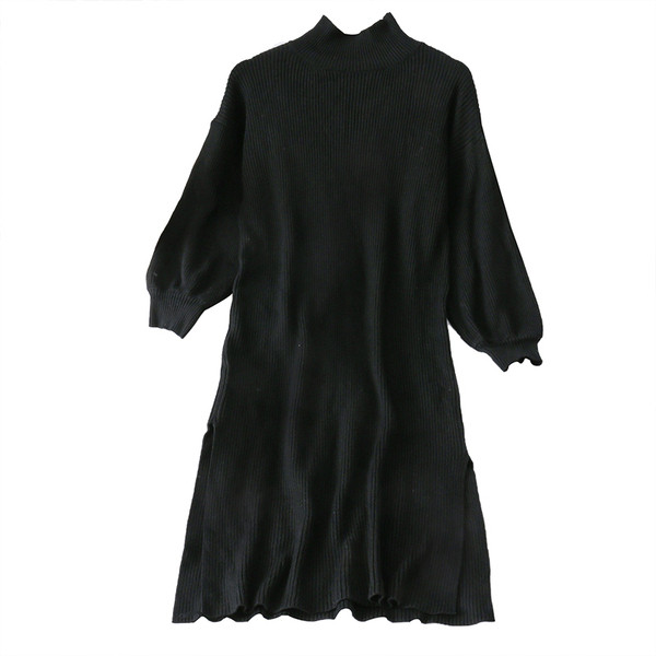 Modern női kötött ruha pólógallérral és hosszú ujjú fekete színben