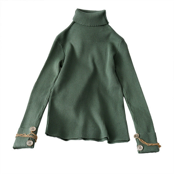 Pulover de damă modern din tricot subțire, cu guler polo înalt și nasturi la mâneci