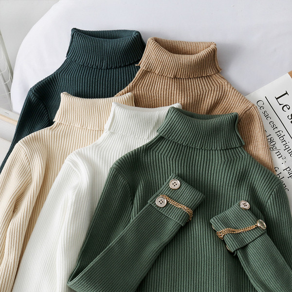 Pulover de damă modern din tricot subțire, cu guler polo înalt și nasturi la mâneci