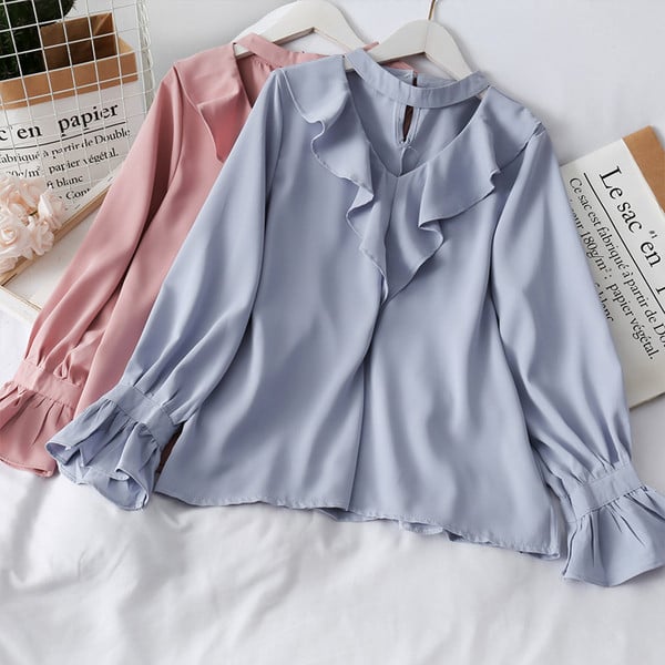 Stílusos női ing spitz nyakkivágással és hosszú ujjú több színben