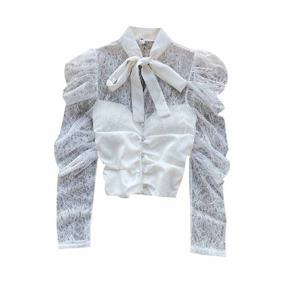 Modern női csipke ing szalaggal és hosszú ujjú fehér színben