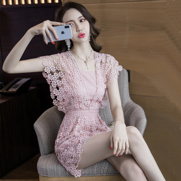 Új modell csipke női rövid jumpsuit rózsaszín színben