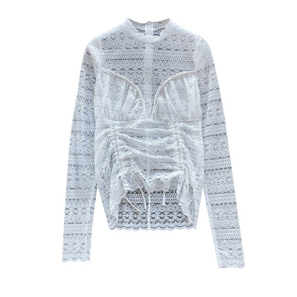 Modern női csipke ing magas gallérral és hosszú ujjú fekete-fehér színben