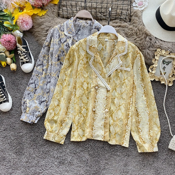 Modern női sifon ing kígyómintával, arany és ezüst színben