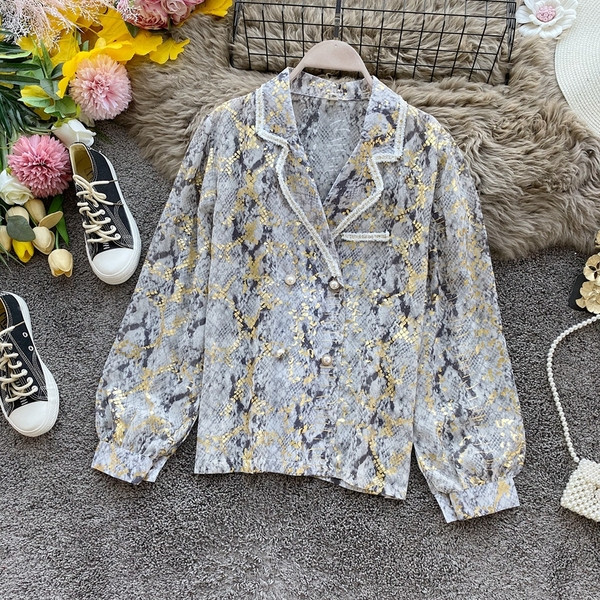 Modern női sifon ing kígyómintával, arany és ezüst színben