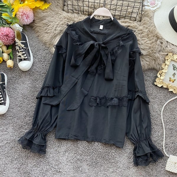 Modern női ing szalaggal és csipkével az ujján négy színben