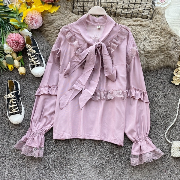 Modern női ing szalaggal és csipkével az ujján négy színben