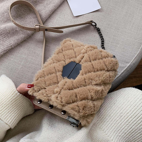 Négyzet alakú női táska pehelylánccal, fehér, fekete és barna színben