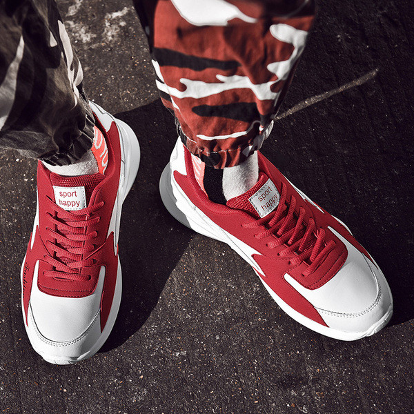 Alkalmi férfi tornacipő fűzővel és vastag talppal, fekete, szürke és piros színben