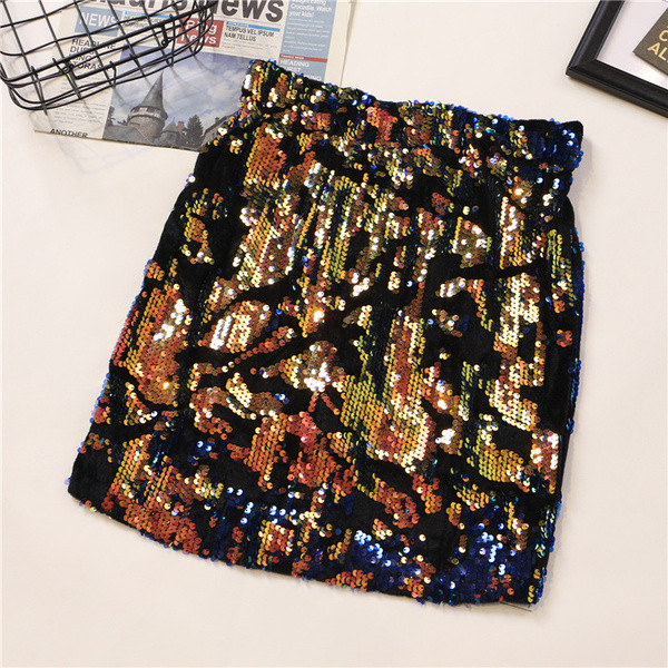 Stílusos női szoknya három színben flitterekkel és magas derékkal